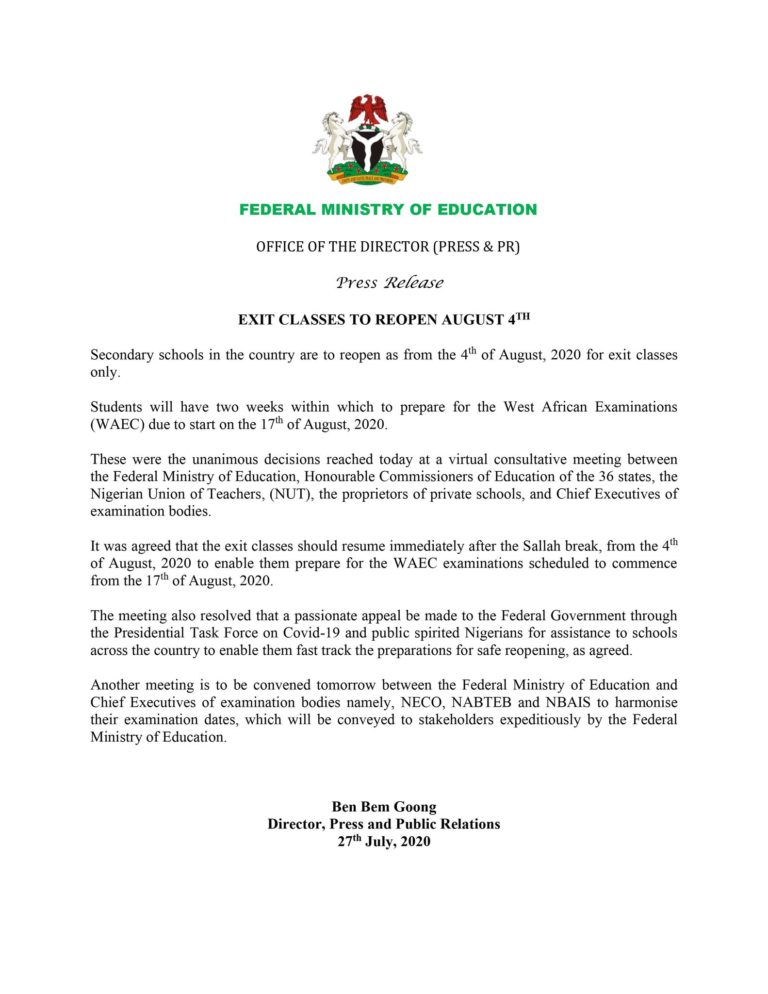 BREAKING: Exist Classes to Reopen August 4, 2020 — FG