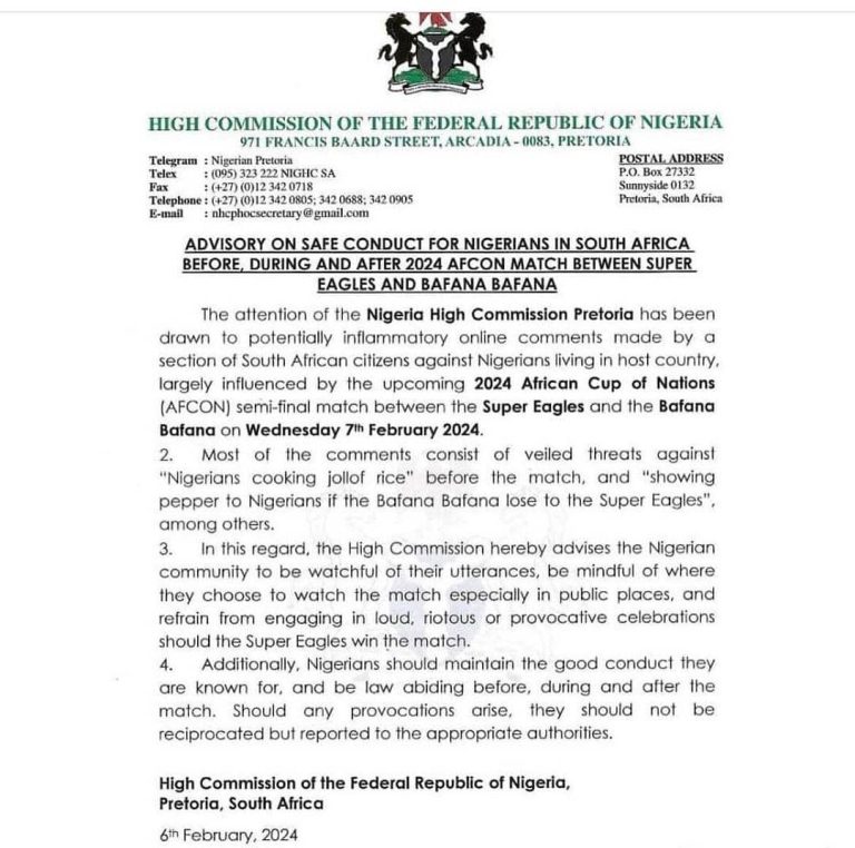 AFCON: Nigeria High Commission Issues Advisory To Nigerians In South Africa