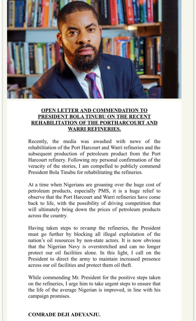 Deji Adeyanju Commends Tinubu Over Port Harcourt, Warri Refineries